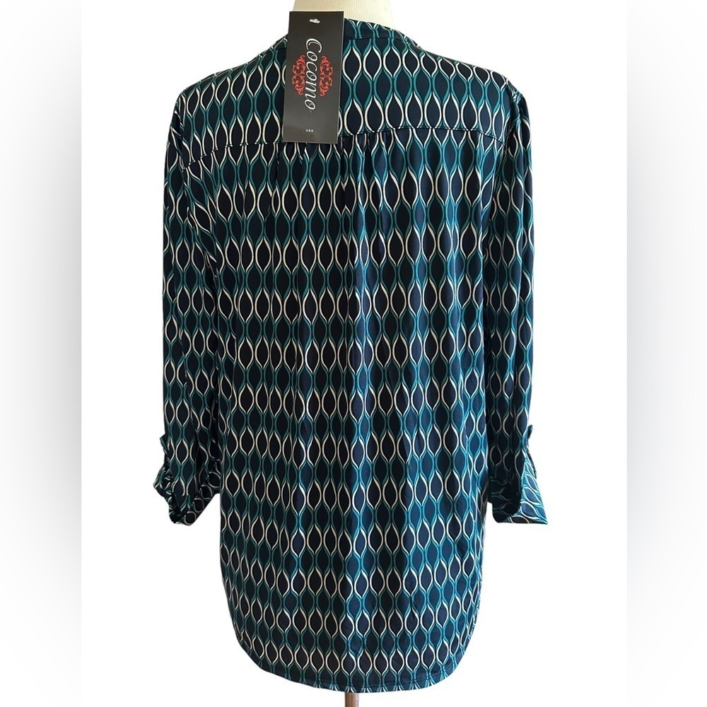 COCOMO XL Blue White Studded 3/4 sleeve women’s Pintuck Blouse top shirt - Picture 3 of 12